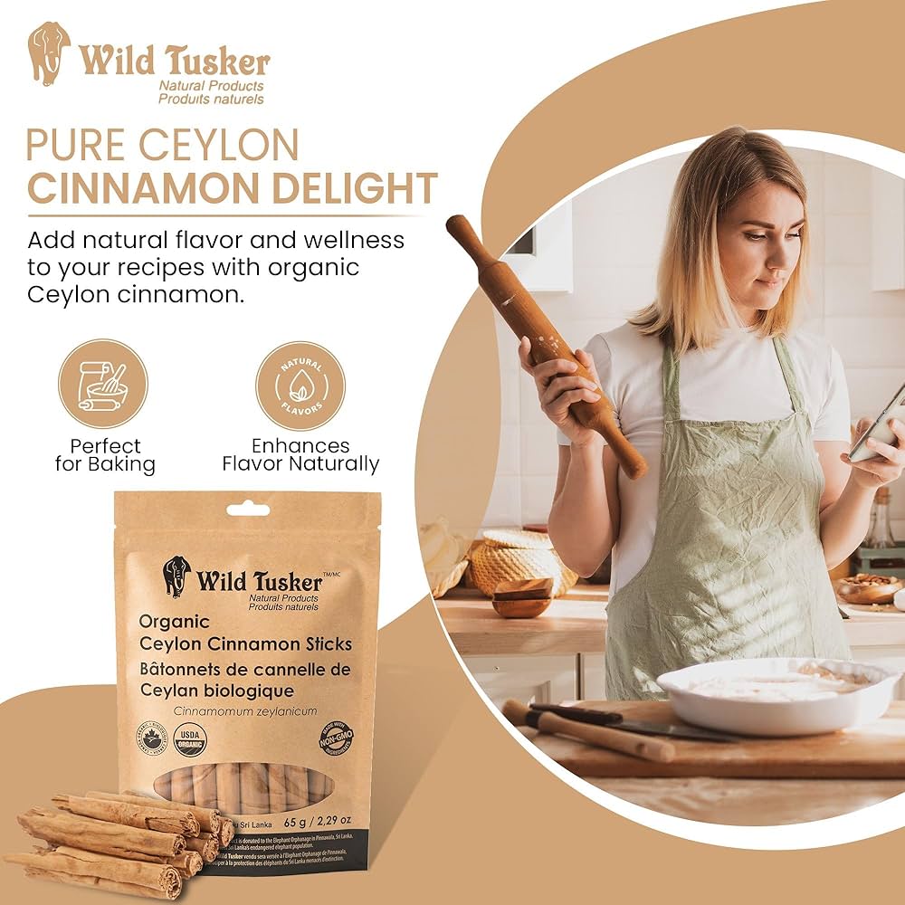 Wild Tusker Organic Ceylon Cinnamon Sticks 65g – USDA & Canada Organic, Non-GMO, Gluten-Free, Vegan, Kosher