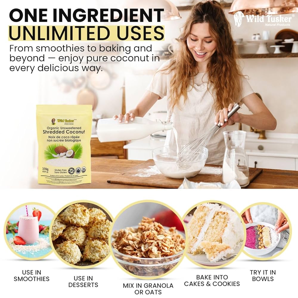 Organic Unsweetened Shredded Coconut – Wild Tusker 250g | Gluten-Free, Vegan Baking & Cooking Ingredient