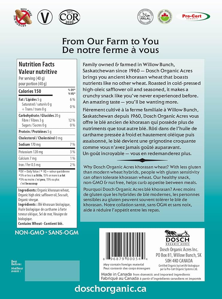 Dosch Organic Acres Wheat Crunch – Organic Salt & Vinegar Snack | Vegan, Nut-Free, Kosher, Non-GMO (40g or 160g)
