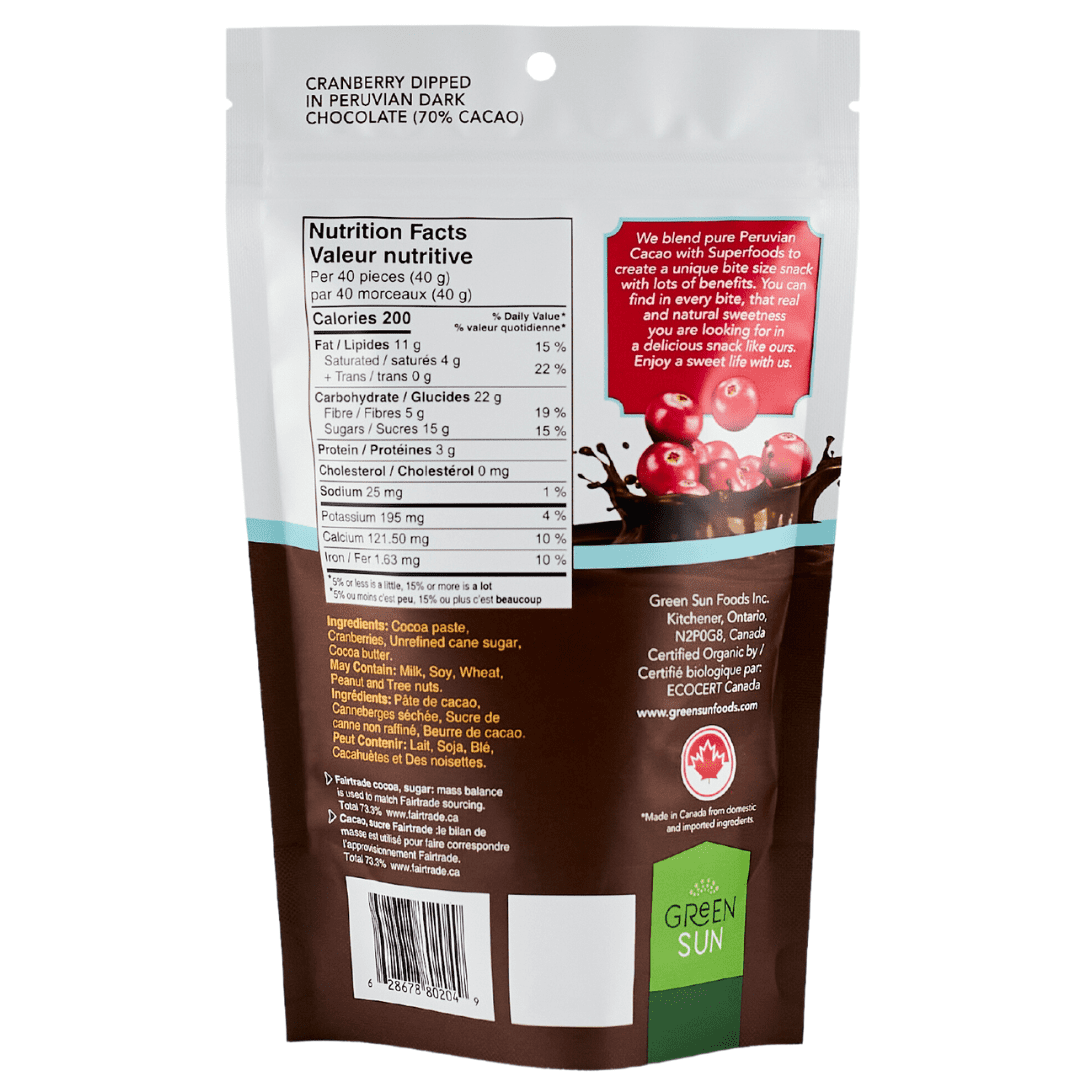 Green Sun Dark Chocolate Covered Cranberries – Organic, Vegan, Fairtrade Cocoa Snack (91g)