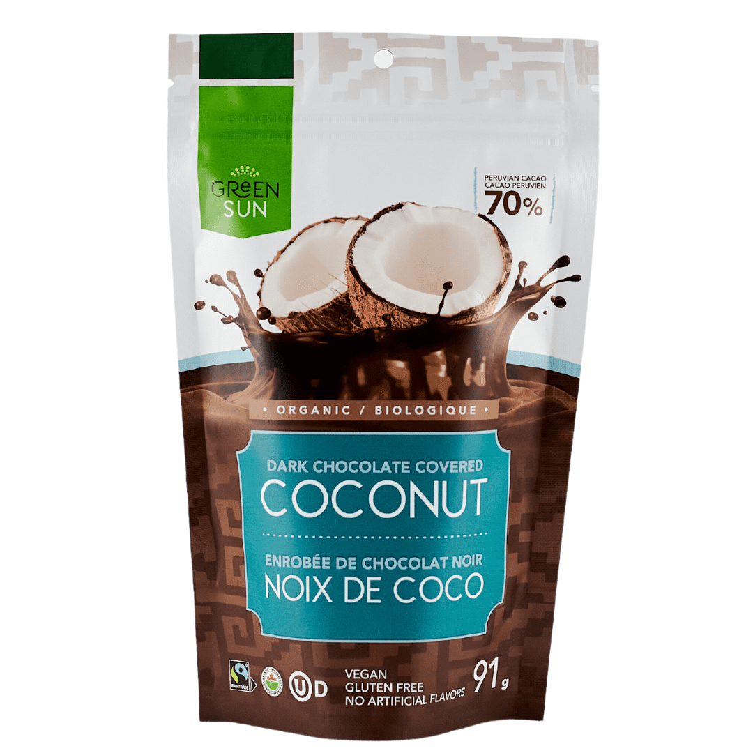 Green Sun Dark Chocolate Covered Coconut – Organic, Vegan, Fairtrade Cocoa Snack (91g)