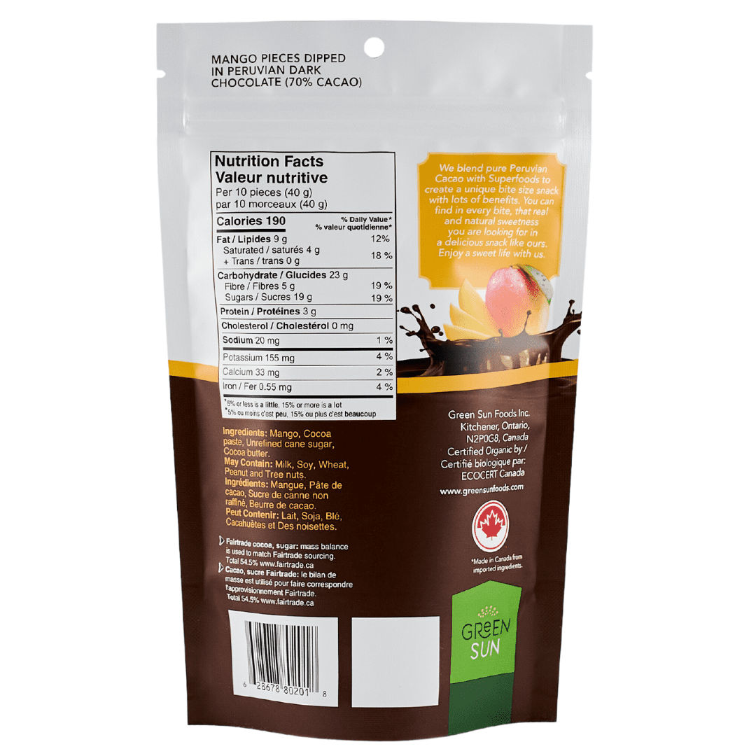 Green Sun Dark Chocolate Covered Mango – Organic, Vegan, Fairtrade Cocoa Snack (91g)