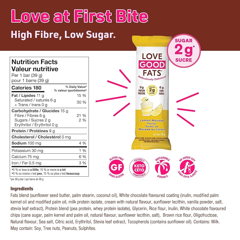 Love Good Fats Lemon Mousse Bar | Keto-Friendly, Gluten-Free, Low-Carb Snack