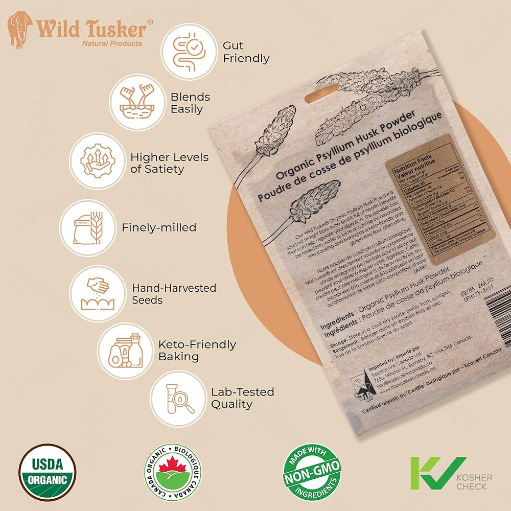 Wild Tusker Organic Psyllium Husk Powder 300g – Gluten-Free, Keto-Friendly, High Fibre, USDA & Canada Organic, Non-GMO, Vegan