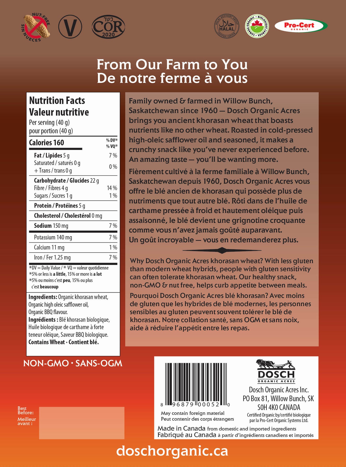 Dosch Organic Acres Wheat Crunch – Organic Bar-B-Q Snack | Vegan, Nut-Free, Kosher, Non-GMO (40g or 160g)