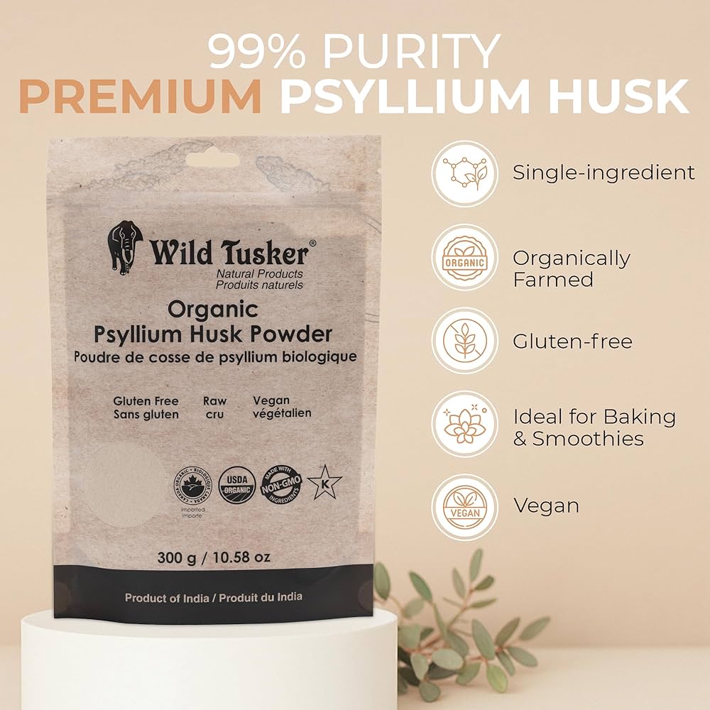 Wild Tusker Organic Psyllium Husk Powder 300g – Gluten-Free, Keto-Friendly, High Fibre, USDA & Canada Organic, Non-GMO, Vegan