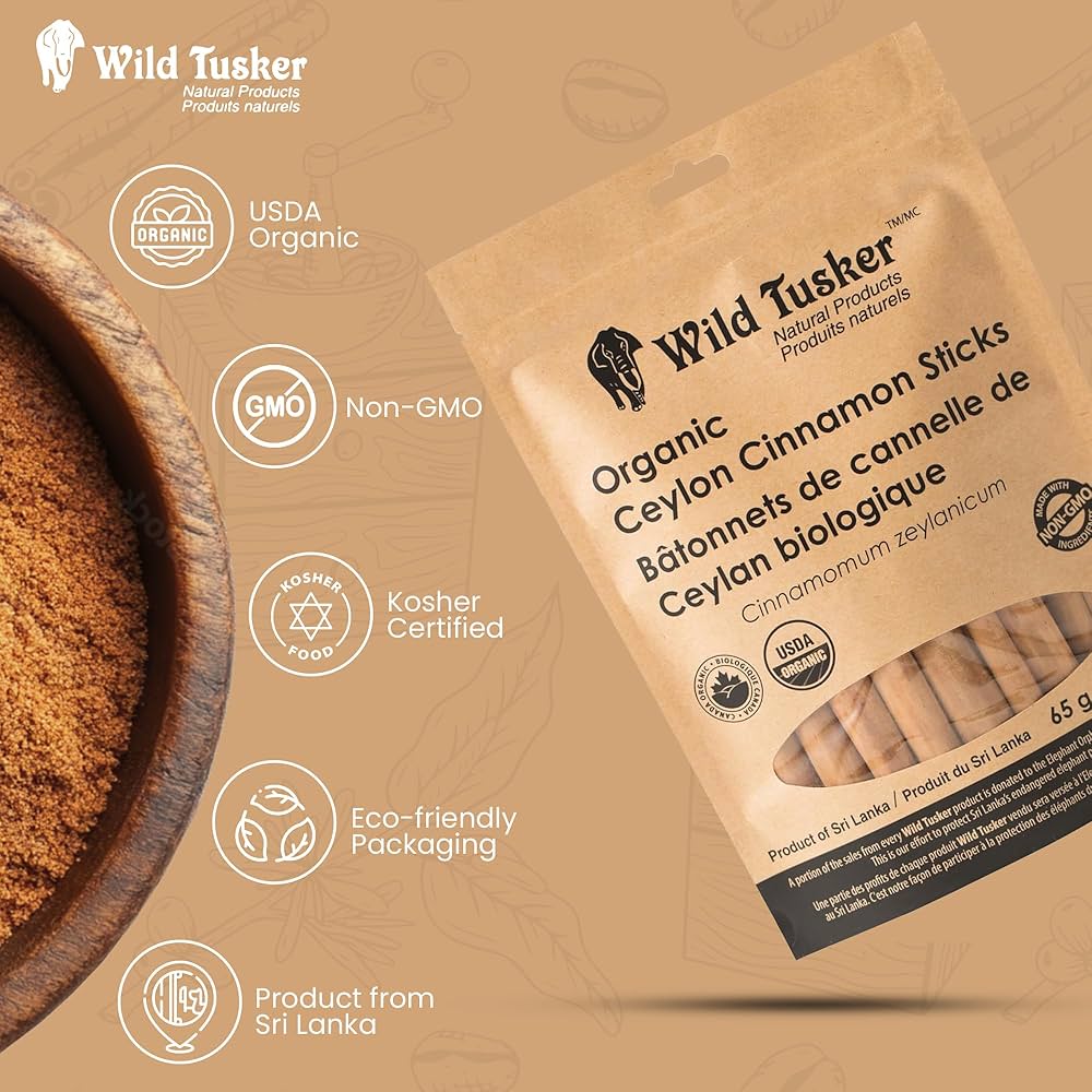 Wild Tusker Organic Ceylon Cinnamon Sticks 65g – USDA & Canada Organic, Non-GMO, Gluten-Free, Vegan, Kosher