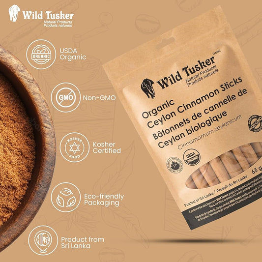 Wild Tusker Organic Ceylon Cinnamon Sticks 65g – USDA & Canada Organic, Non-GMO, Gluten-Free, Vegan, Kosher - Healthily Ever After