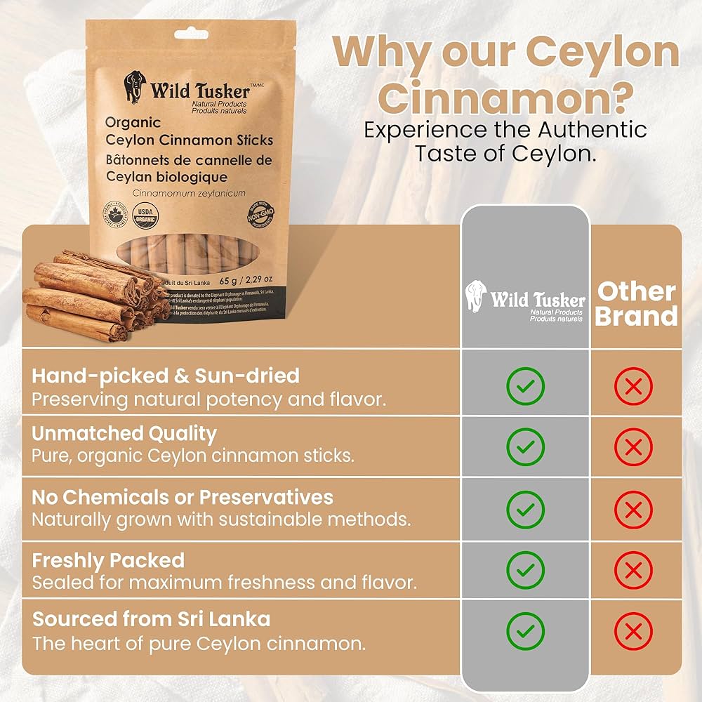Wild Tusker Organic Ceylon Cinnamon Sticks 65g – USDA & Canada Organic, Non-GMO, Gluten-Free, Vegan, Kosher
