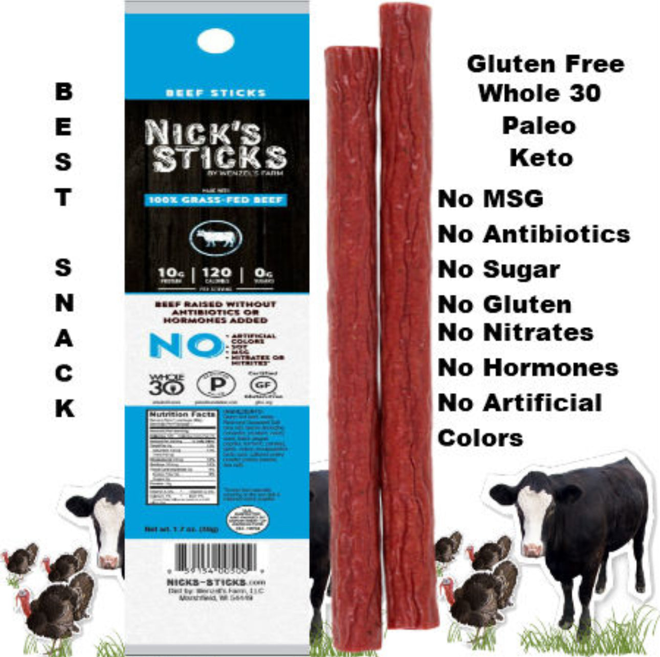 Nick’s Sticks Grass-Fed Beef Snack Sticks – Original 48g | No Sugar, Keto & Paleo Friendly