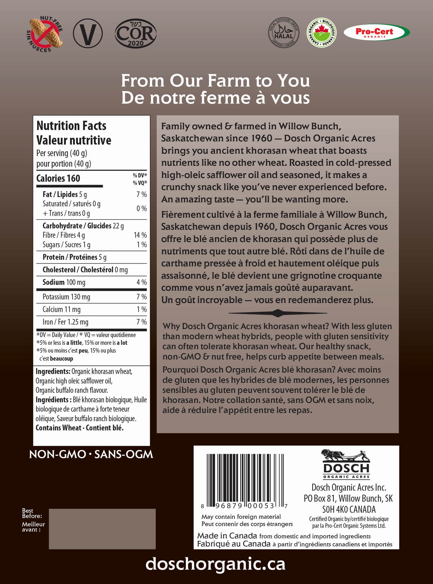 Dosch Organic Acres Wheat Crunch – Organic Buffalo Ranch Snack | Vegan, Nut-Free, Kosher, Non-GMO (40g or 160g)