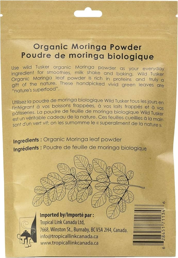 Wild Tusker Organic Moringa Powder 120g – USDA & Canada Organic, Non-GMO, Gluten-Free, Vegan, Superfood