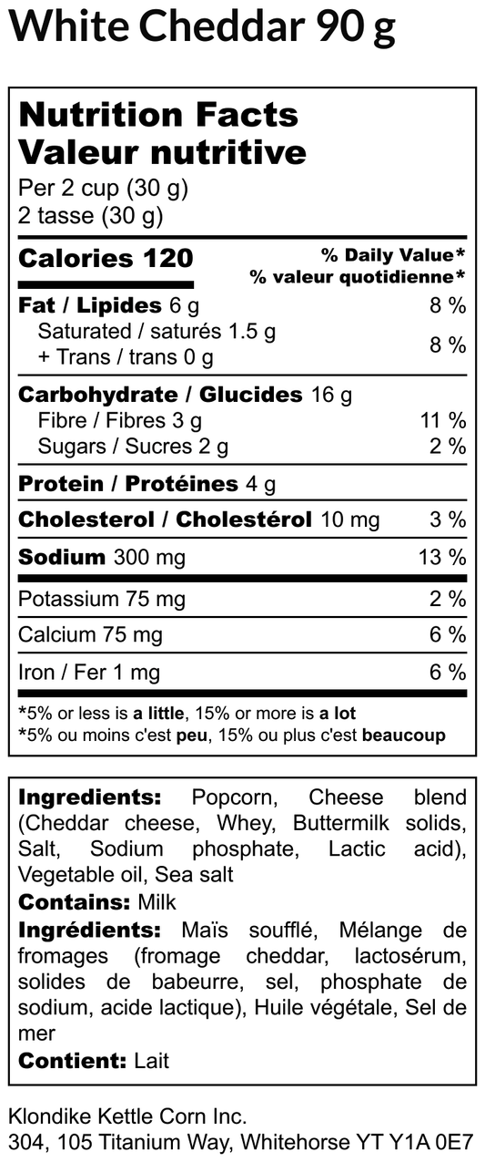 Klondike Gourmet Popcorn – White Cheddar | 90g | Gluten Free, Savoury Snack, Canadian Made - Healthily Ever After