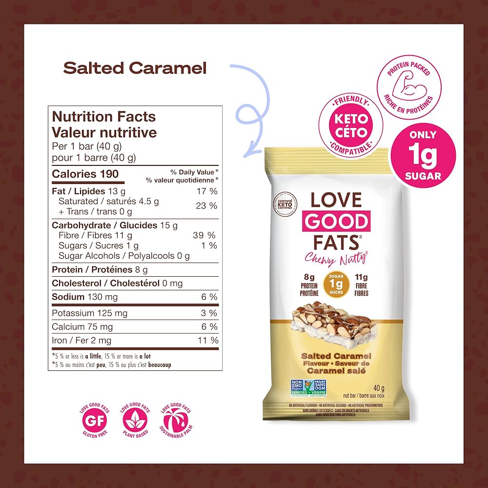 Love Good Fats Chewy-Nutty Salted Caramel Keto Bar | Low-Carb, Gluten-Free, High-Protein Snack