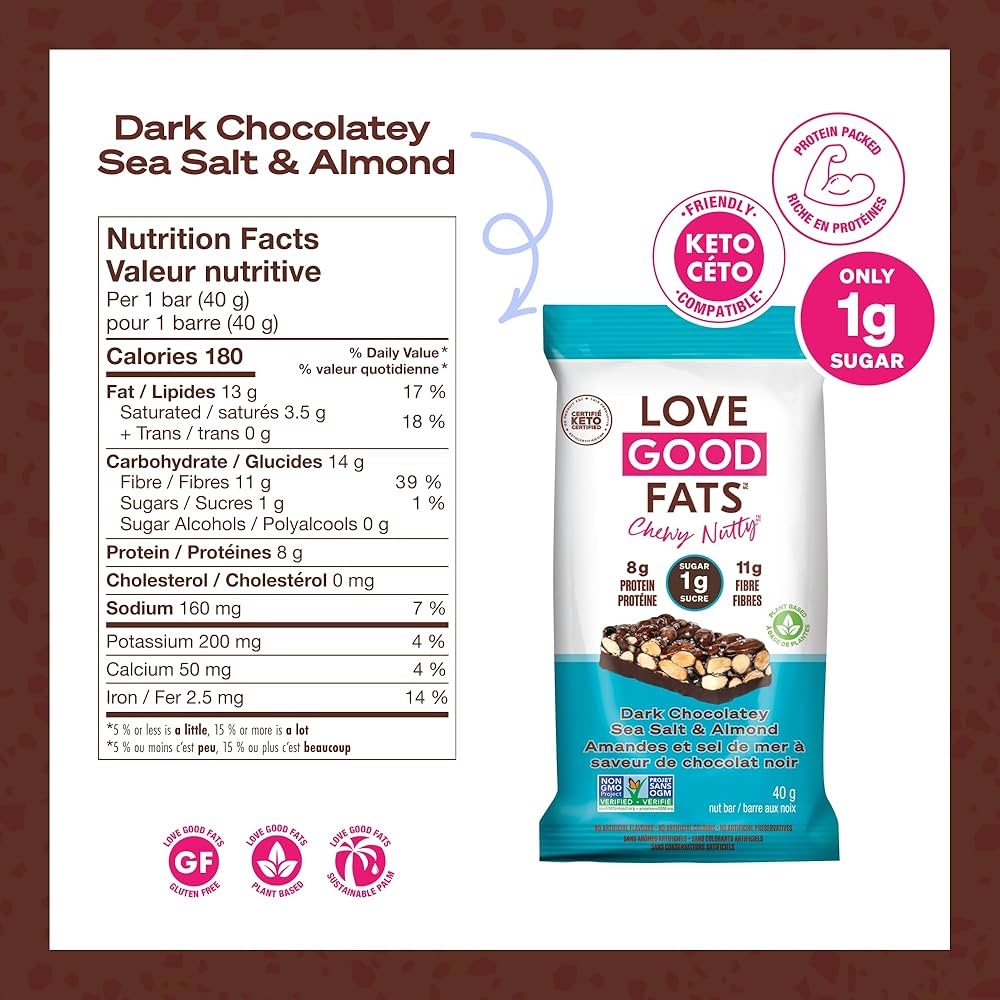Love Good Fats Chewy-Nutty Dark Chocolatey Sea Salt & Almond Keto Bar | Low-Carb, Gluten-Free, High-Protein Snack