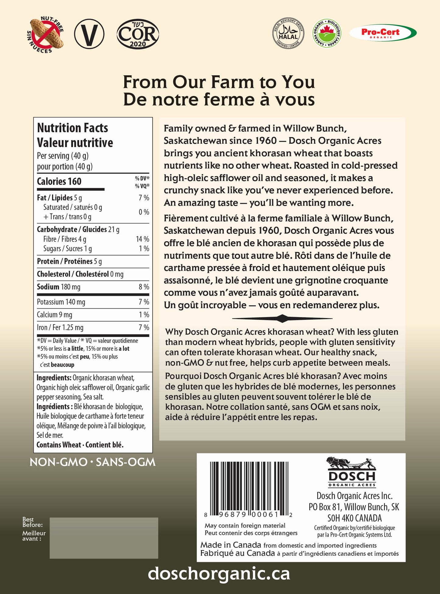Dosch Organic Acres Wheat Crunch – Organic Garlic & Pepper Snack | Vegan, Nut-Free, Kosher, Non-GMO (40g or 160g)