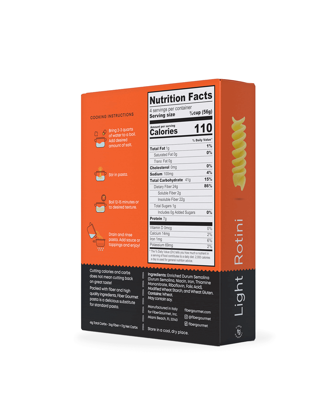 Fiber Gourmet Light Pasta Rotini – High Fiber, Low Calorie, Gut-Friendly Pasta (227g)