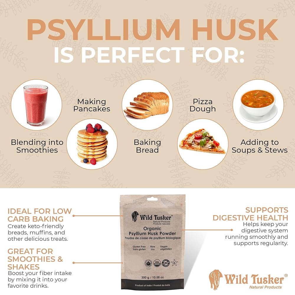 Wild Tusker Organic Psyllium Husk Powder 300g – Gluten-Free, Keto-Friendly, High Fibre, USDA & Canada Organic, Non-GMO, Vegan