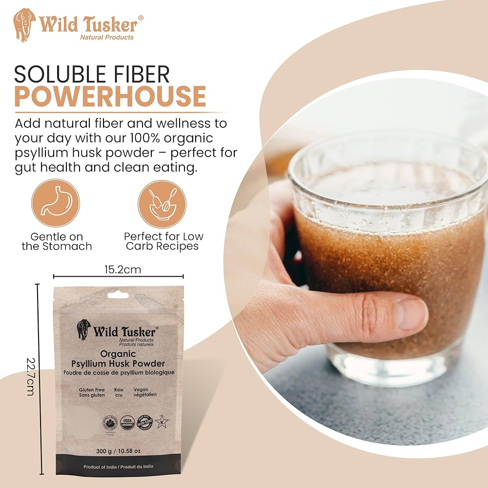 Wild Tusker Organic Psyllium Husk Powder 300g – Gluten-Free, Keto-Friendly, High Fibre, USDA & Canada Organic, Non-GMO, Vegan