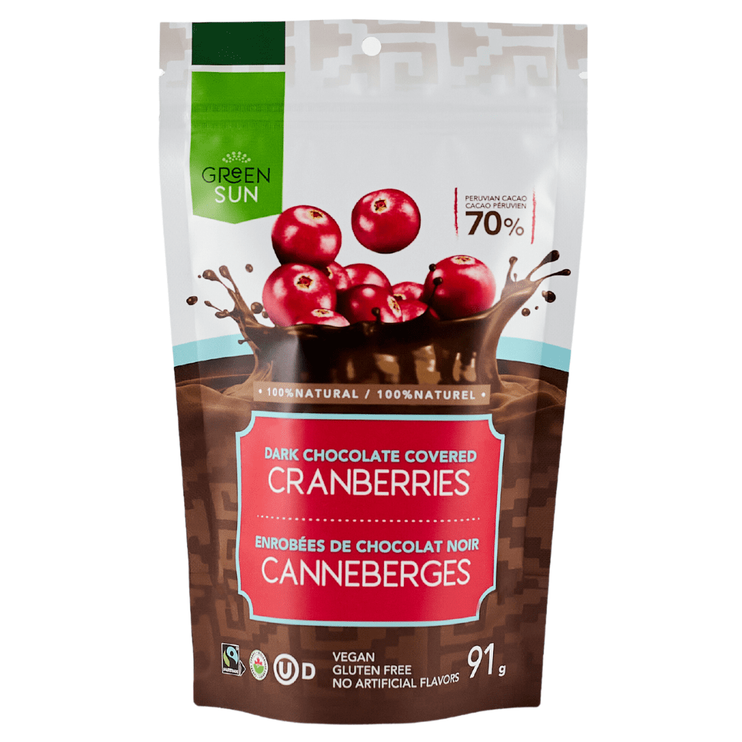 Green Sun Dark Chocolate Covered Cranberries – Organic, Vegan, Fairtrade Cocoa Snack (91g)