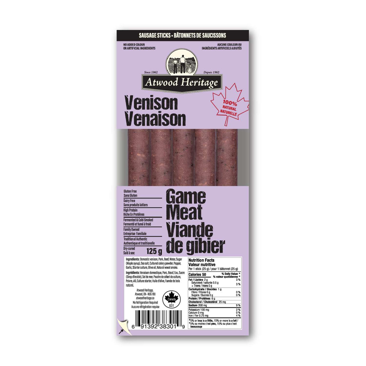Atwood Heritage Meat Sticks Venison 125g – Case of 6