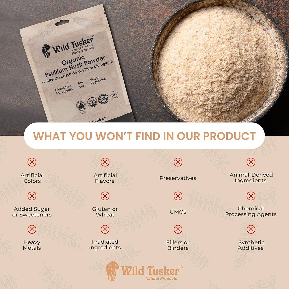 Wild Tusker Organic Psyllium Husk Powder 300g – Gluten-Free, Keto-Friendly, High Fibre, USDA & Canada Organic, Non-GMO, Vegan