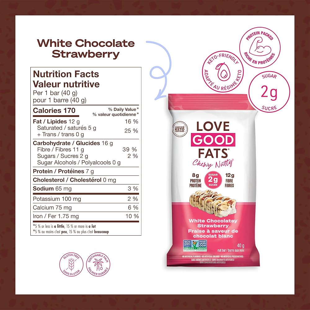 Love Good Fats Chewy-Nutty White Chocolatey Strawberry Keto Bar | Low-Carb, Gluten-Free, High-Protein Snack