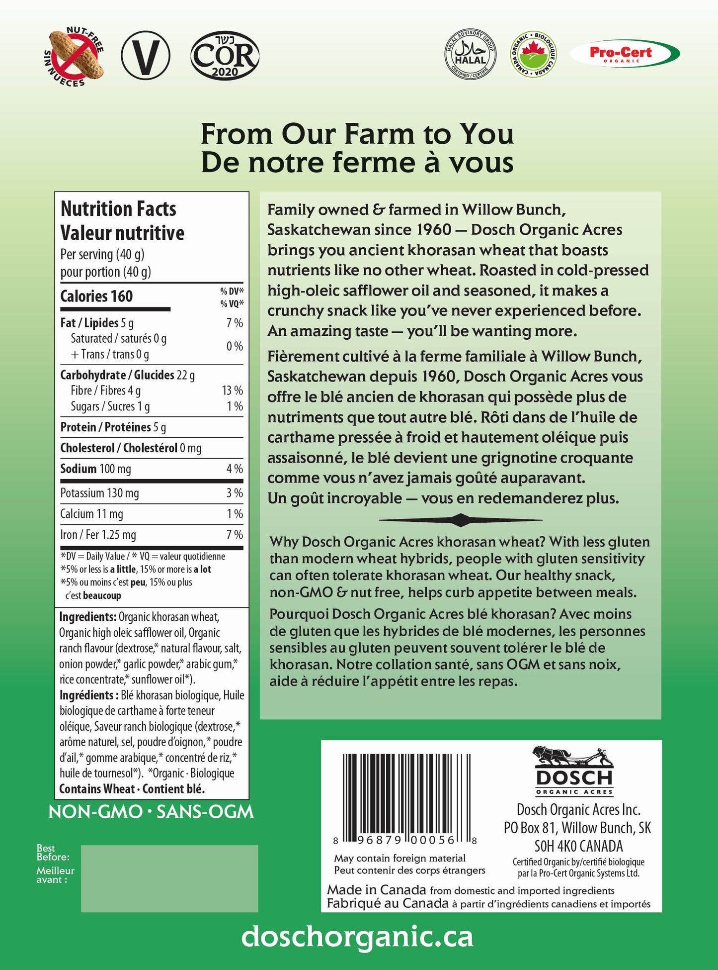 Dosch Organic Acres Wheat Crunch – Organic Ranch Snack | Vegan, Nut-Free, Kosher, Non-GMO (40g or 160g)