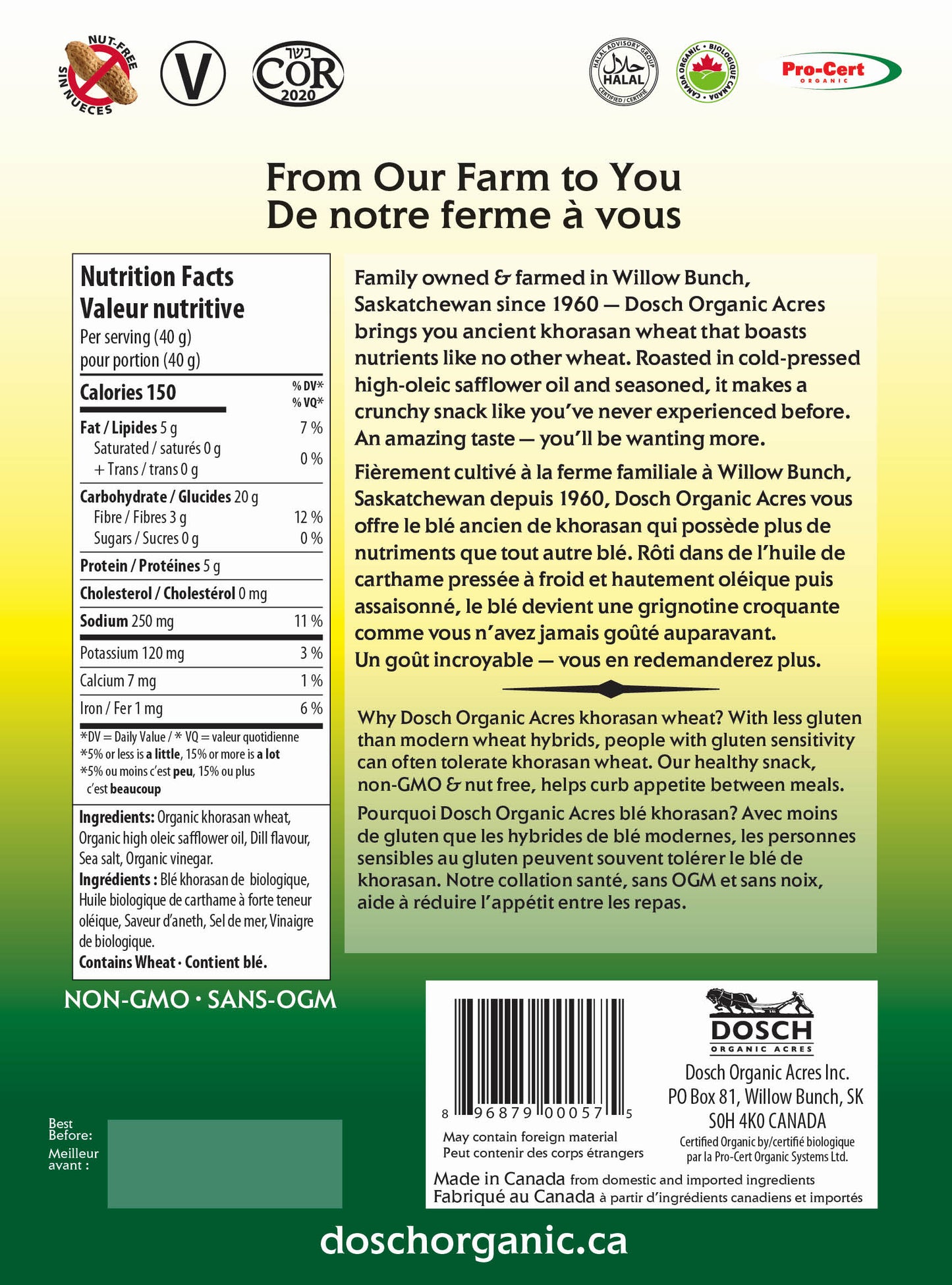 Dosch Organic Acres Wheat Crunch – Organic Dill Pickle Snack | Vegan, Nut-Free, Kosher, Non-GMO (40g or 160g)