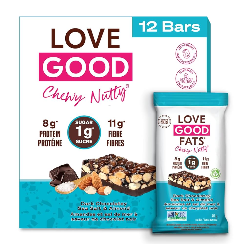 Love Good Fats Chewy-Nutty Dark Chocolatey Sea Salt & Almond Keto Bar | Low-Carb, Gluten-Free, High-Protein Snack