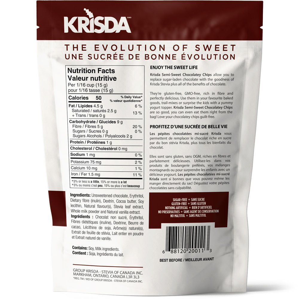 Krisda No Sugar Added Semi-Sweet Chocolatey Chips | Keto, Gluten-Free, Non-GMO, Sugar-Free Baking Chips