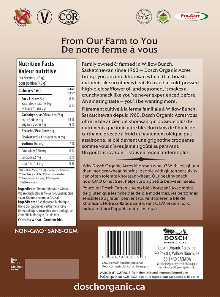 Dosch Organic Acres Wheat Crunch – Organic Cinnamon Sugar Snack | Vegan, Nut-Free, Kosher, Non-GMO (40g or 160g)