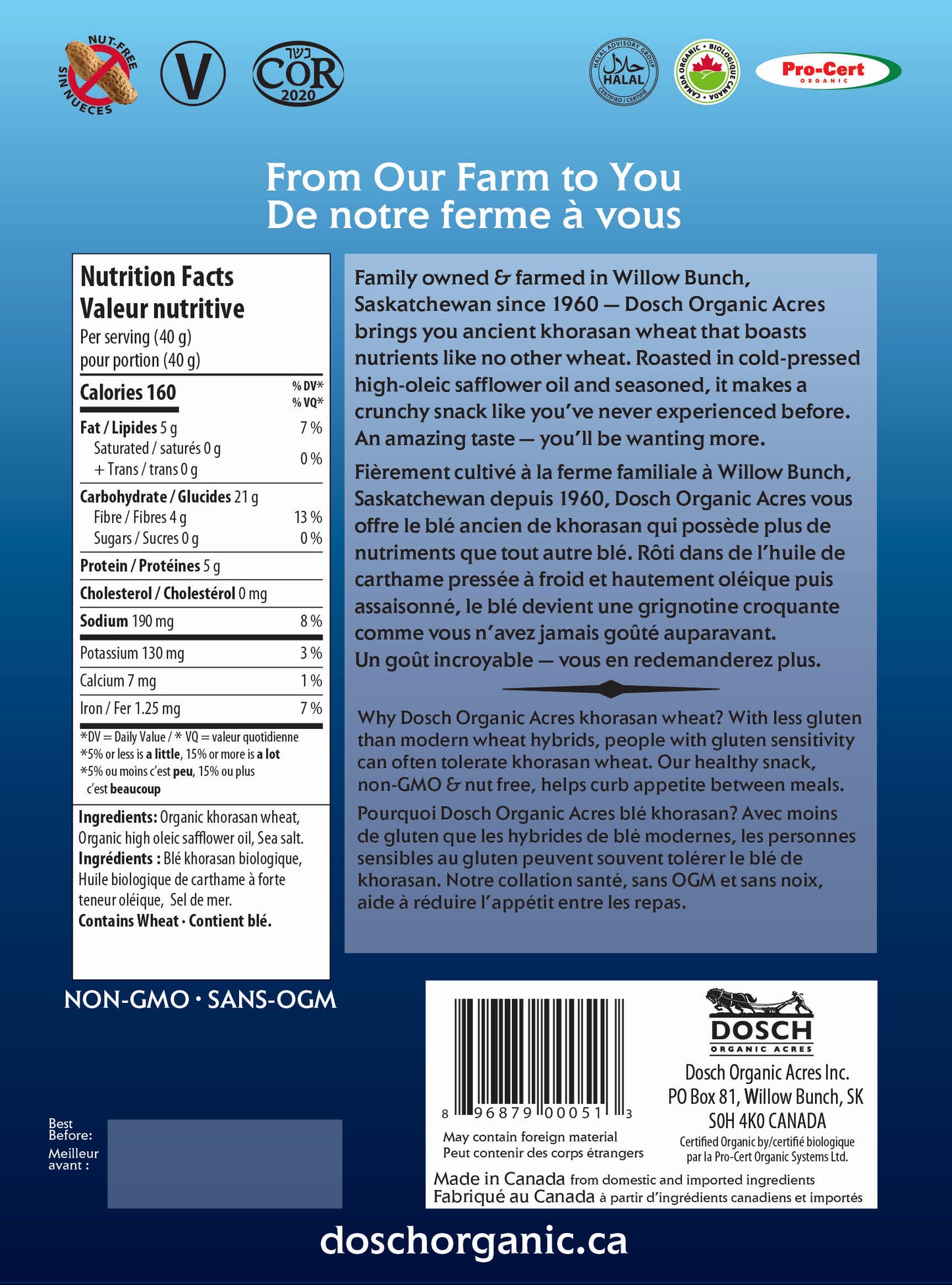 Dosch Organic Acres Wheat Crunch – Organic Sea Salt Snack | Vegan, Nut-Free, Kosher, Non-GMO (40g or 160g)