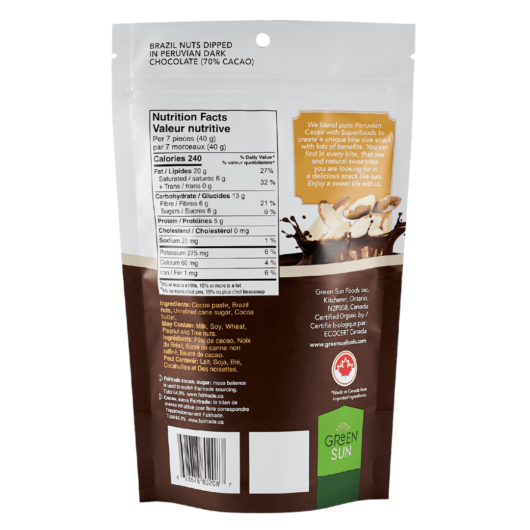 Green Sun Dark Chocolate Covered Brazil Nuts – Organic, Vegan, Fairtrade Cocoa Snack (91g)