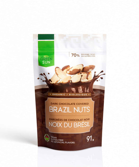 Green Sun Dark Chocolate Covered Brazil Nuts – Organic, Vegan, Fairtrade Cocoa Snack (91g)