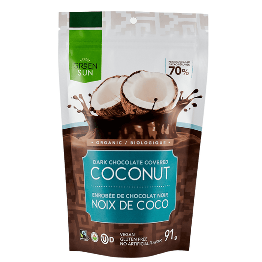 Green Sun Dark Chocolate Covered Coconut – Organic, Vegan, Fairtrade Cocoa Snack (91g)