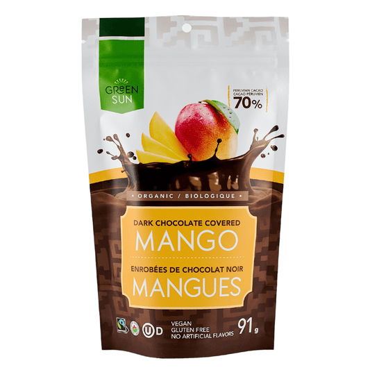 Green Sun Dark Chocolate Covered Mango – Organic, Vegan, Fairtrade Cocoa Snack (91g)