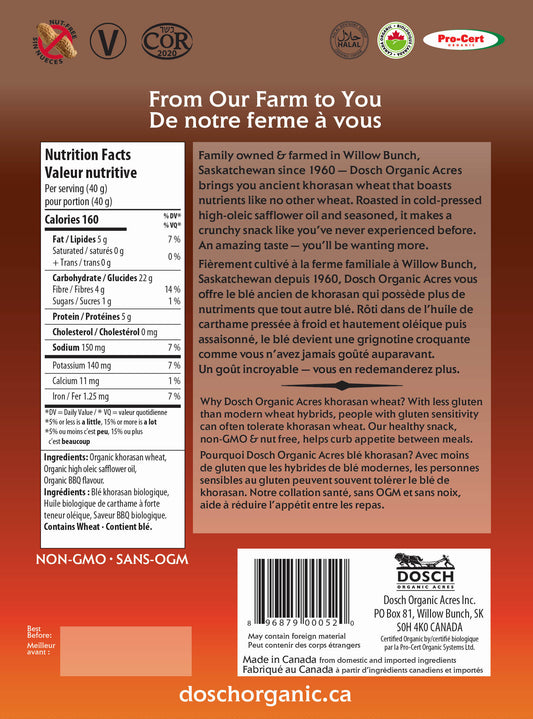 Dosch Organic Acres Wheat Crunch – Organic Bar-B-Q Snack | Vegan, Nut-Free, Kosher, Non-GMO (40g or 160g) - Healthily Ever After