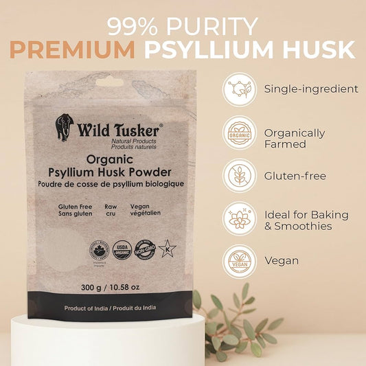 Wild Tusker Organic Psyllium Husk Powder 300g – Gluten-Free, Keto-Friendly, High Fibre, USDA & Canada Organic, Non-GMO, Vegan - Healthily Ever After