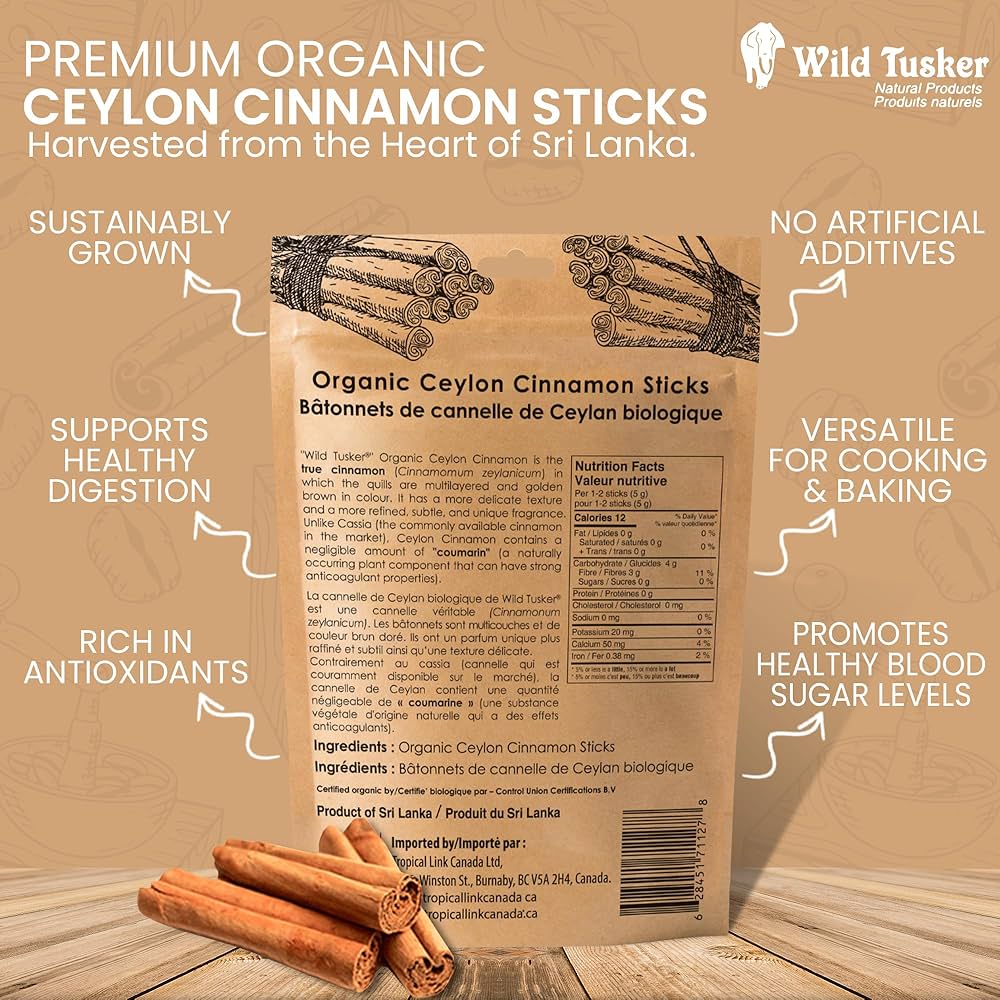 Wild Tusker Organic Ceylon Cinnamon Sticks 65g – USDA & Canada Organic, Non-GMO, Gluten-Free, Vegan, Kosher