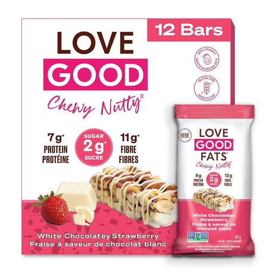 Love Good Fats Chewy-Nutty White Chocolatey Strawberry Keto Bar | Low-Carb, Gluten-Free, High-Protein Snack