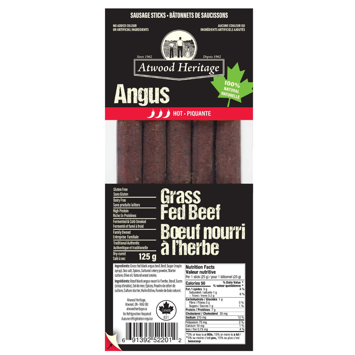 Atwood Heritage Meat Sticks Beef Hot 125g – Case of 6