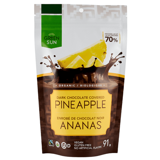 Green Sun Dark Chocolate Covered Pineapple – Organic, Vegan, Fairtrade Cocoa Snack (91g)