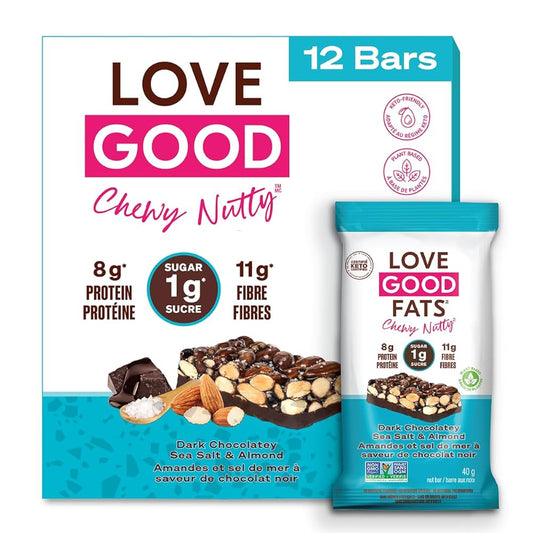 Love Good Fats Chewy-Nutty Dark Chocolatey Sea Salt & Almond Keto Bar | Low-Carb, Gluten-Free, High-Protein Snack