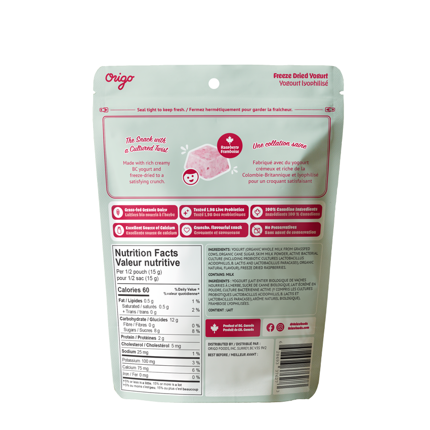Origo Freeze-Dried Raspberry Yogurt Bites | Probiotic Snack | Grass-Fed Organic Dairy | Crunchy Yogurt Snack | Made in Canada - Healthily Ever After