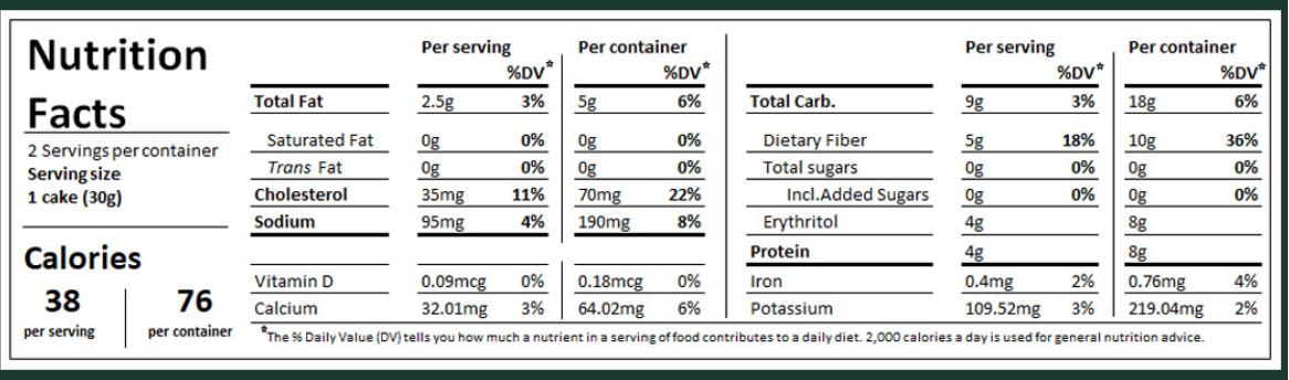 SmartCake nutrition facts panel